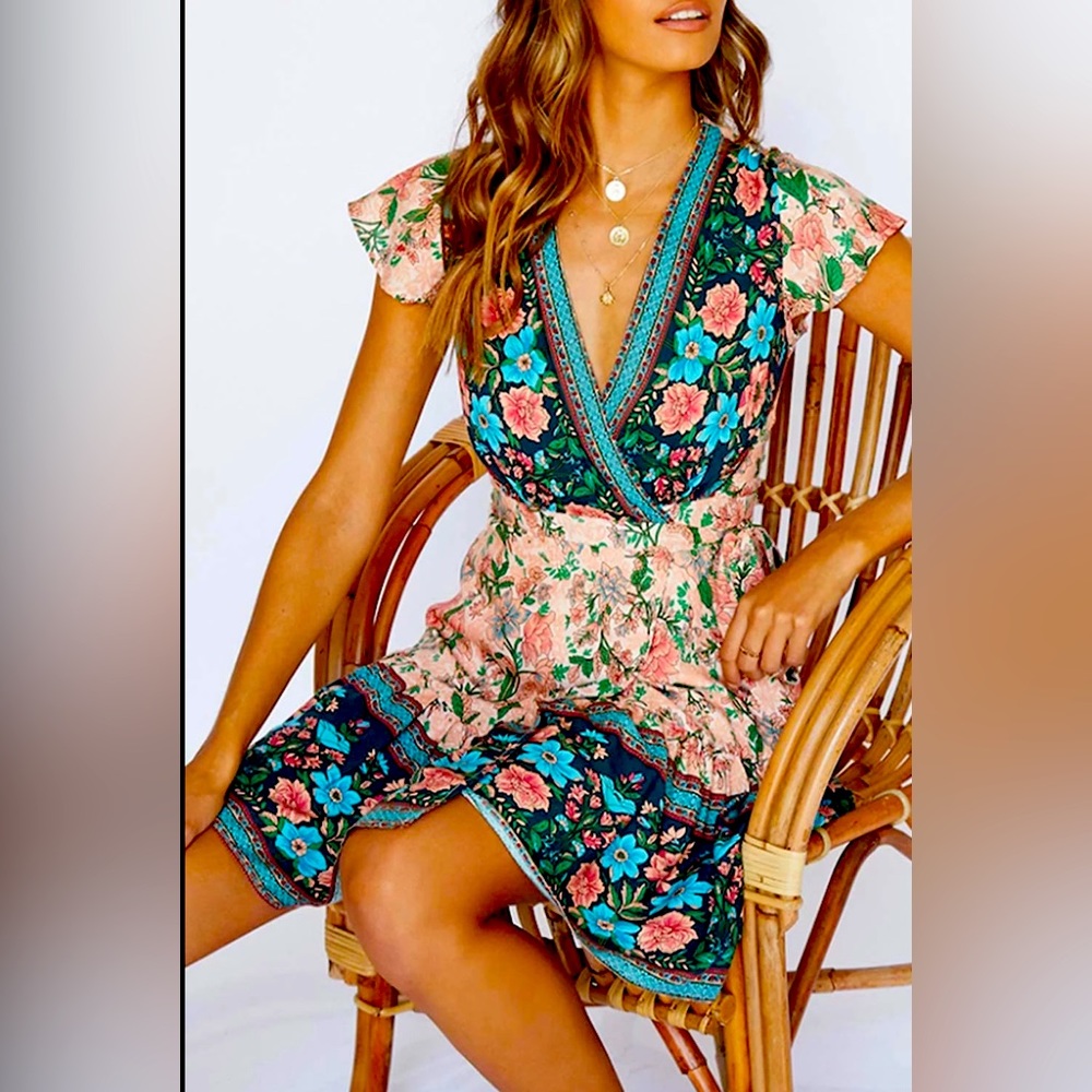 Floral V-Neck Wrap Midi Dress in Teal and Pink